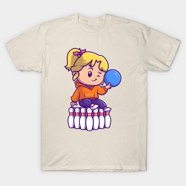 Cute Girl Playing Bowling Cartoon T-Shirt by Catalyst Labs